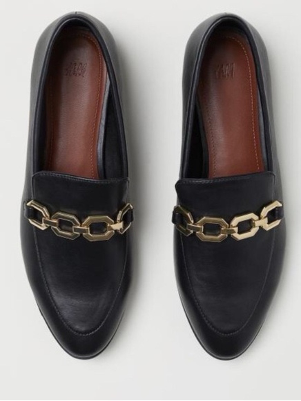 H&M Black Loafers with Gold-Tone Chain Accent